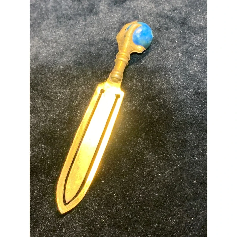 Vintage Germany Gold Tone Dragon Claw Blue Orb Bookmark Gothic Desk Accessory